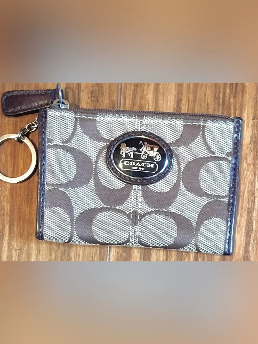 Coach Vintage Signature Jacquard Zip Card Purse Keyring Brown/Tan, Like New